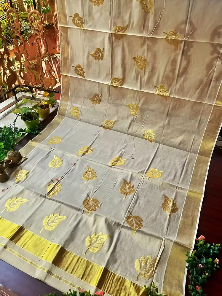 Golden Leaf Embroidery Kasavu Tissue Saree with Running Blouse