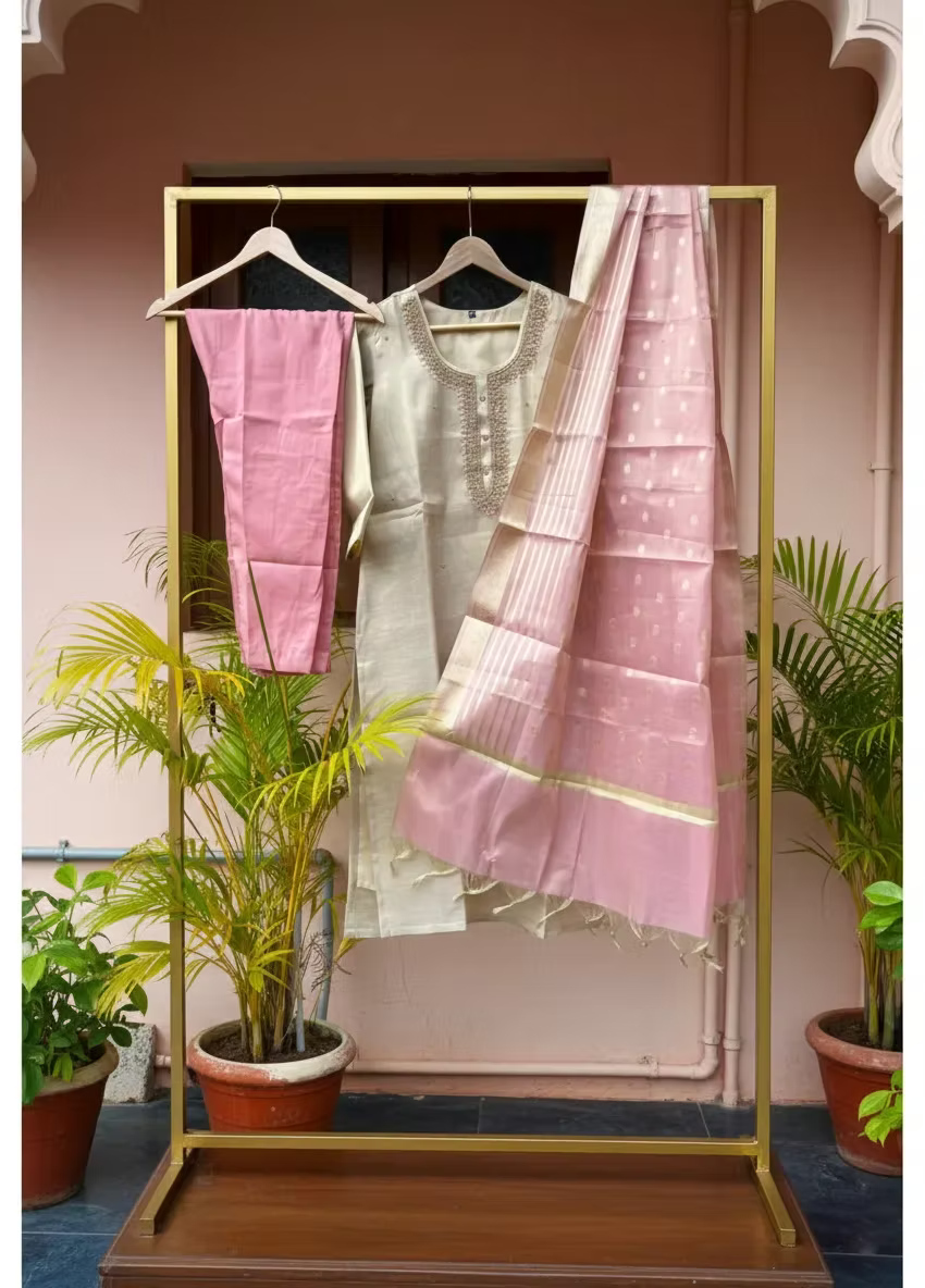 Black Embroidered Kurta Set with Foil Printed Palazzo & Golden Striped Dupatta