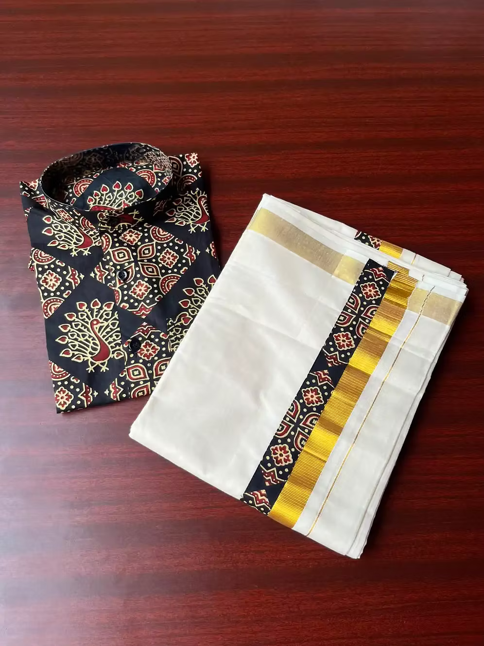 Mens Black Mayura Ajrakh Shirt with Kasavu Double Mundu Dhoti Combo