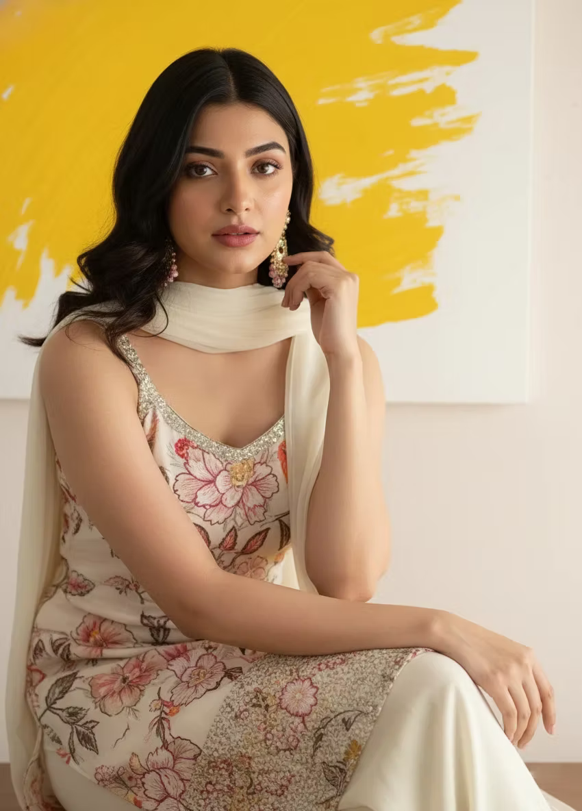 Floral Print Kasavu Kurta Set with Sequin Embroidery & Dupatta