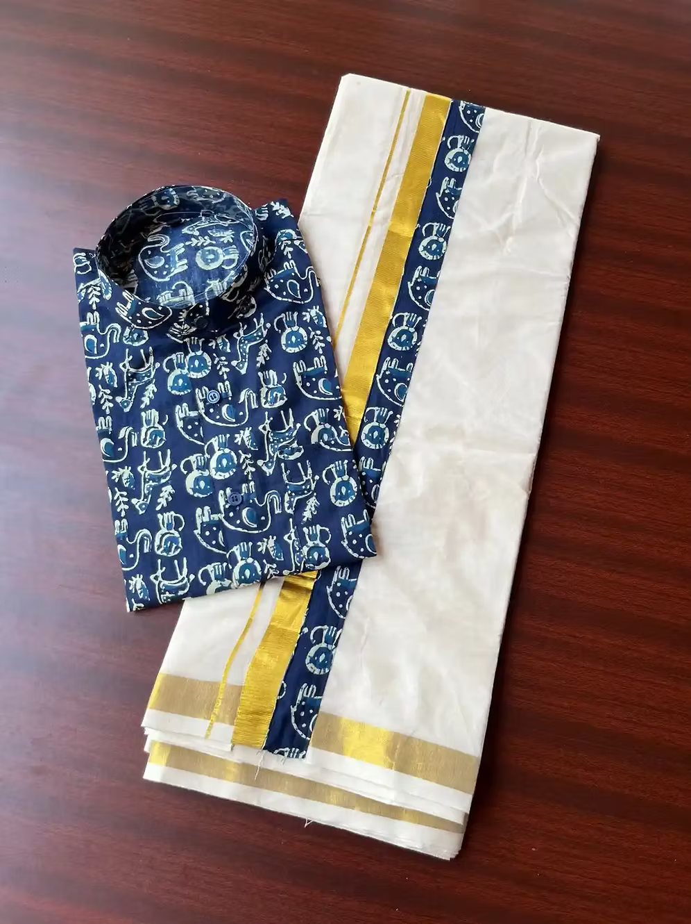 Tiere Navy Blue Ajrak Kasavu Mundu and Shirt Combo