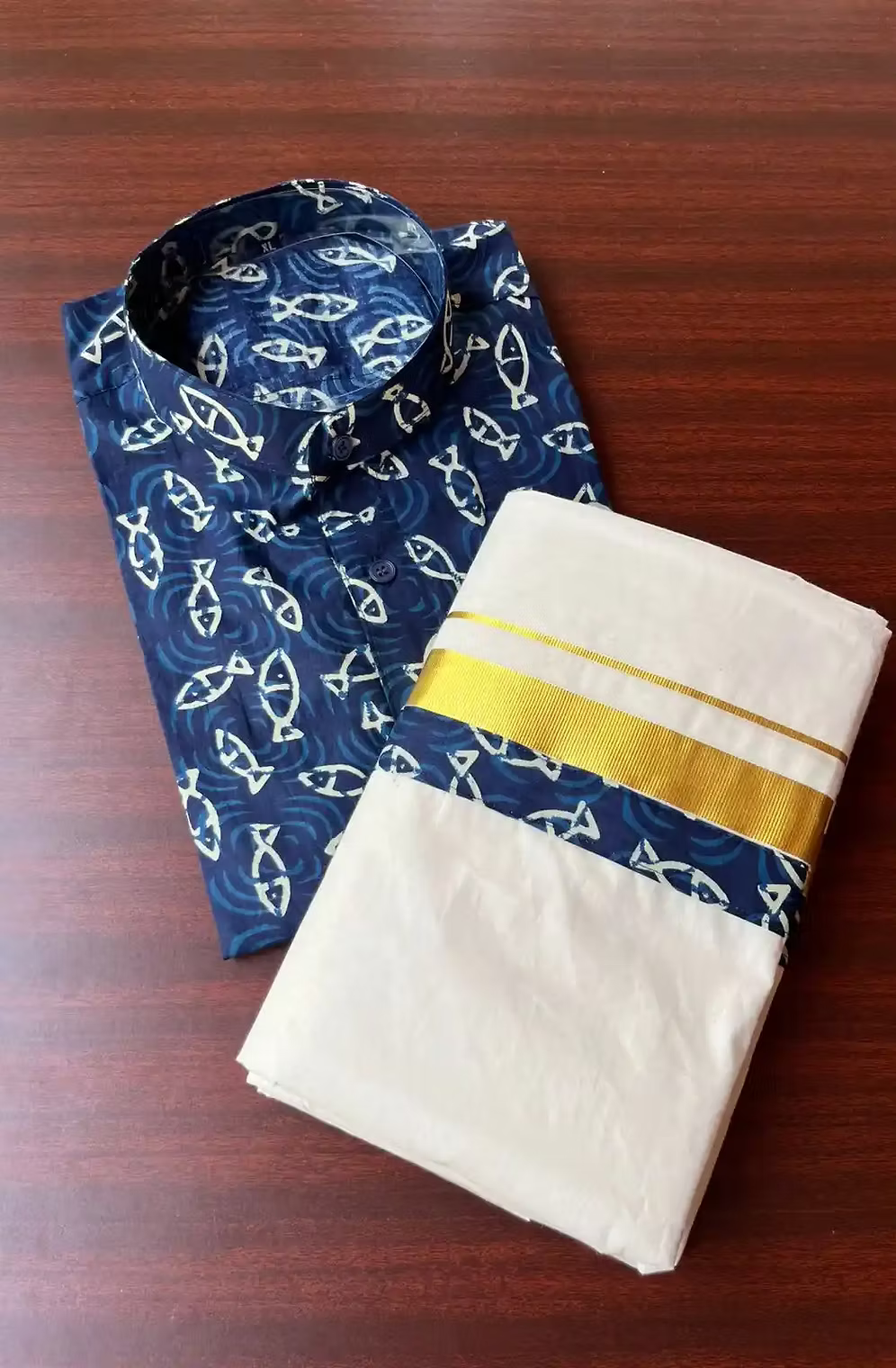 Blue Fish Ajrak Kasavu Mundu and Shirt Combo Set