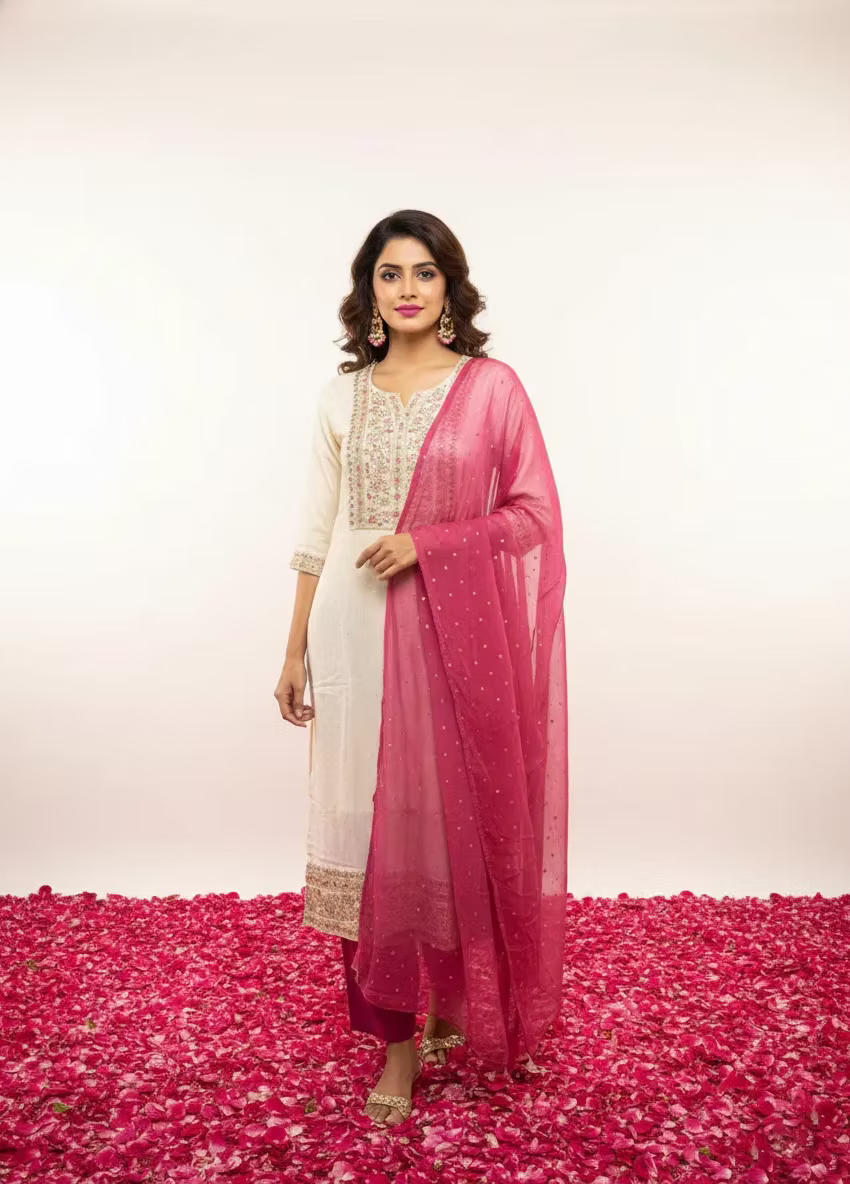 Haradhi Kasavu Straight Kurta Set with Pant and Dupatta for Women