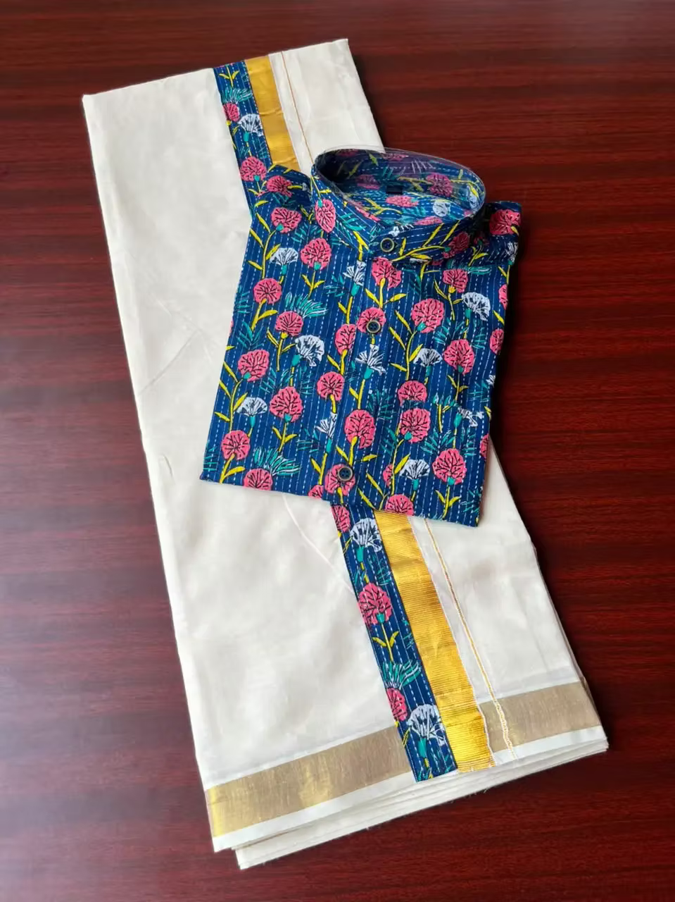 Mens Ajrakh Shirt with Mandarin Collar& Kasavu Double Mundu Dhoti