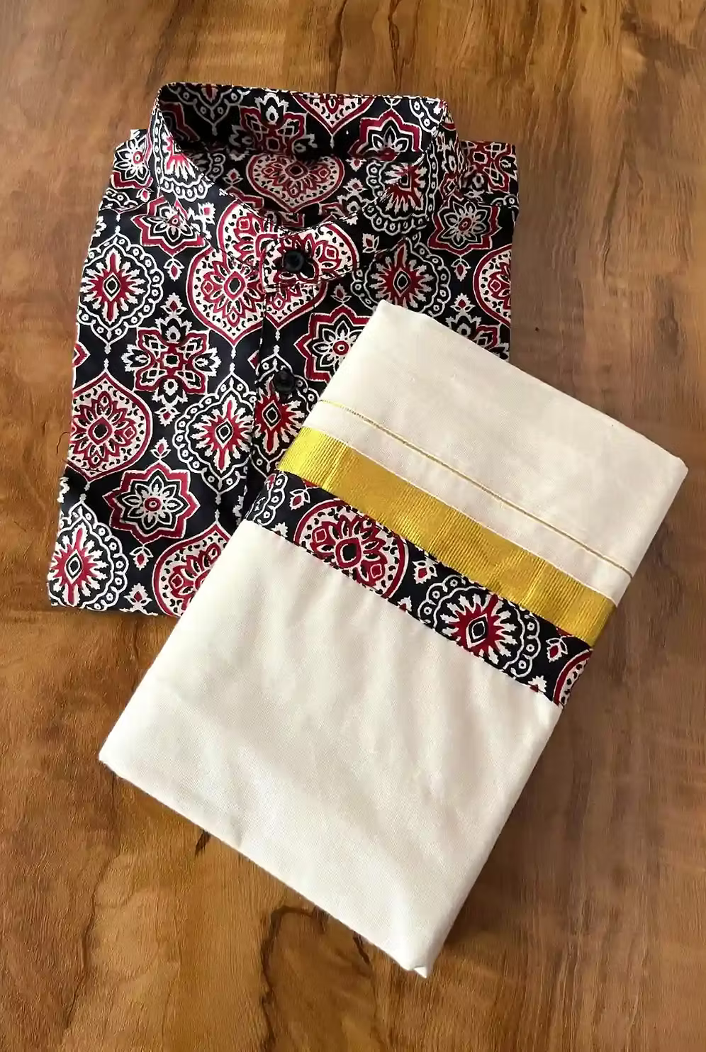 Multi Black Mango Ajrakh Shirt and Kasavu Mundu Dhoti Combo Set