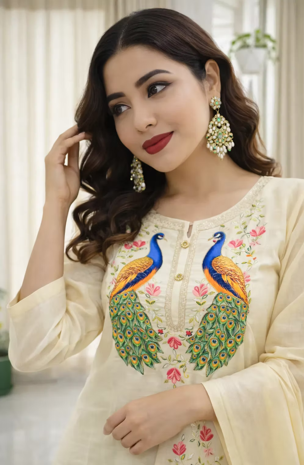 Peacock Designer Embroidery Work Tissue Kurta With Trouser & Dupatta