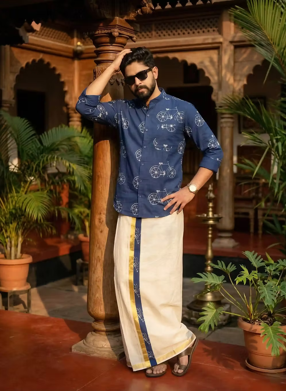 Blue Cycle Light Cotton Shirt & Kasavu Dhoti Combo