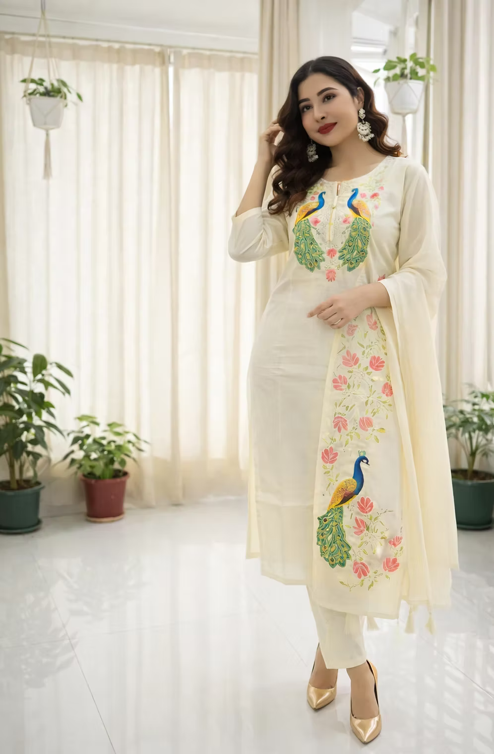 Peacock Designer Embroidery Work Tissue Kurta With Trouser & Dupatta