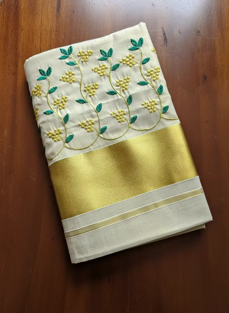 Green Grape Embroidery Kerala Tissue Saree