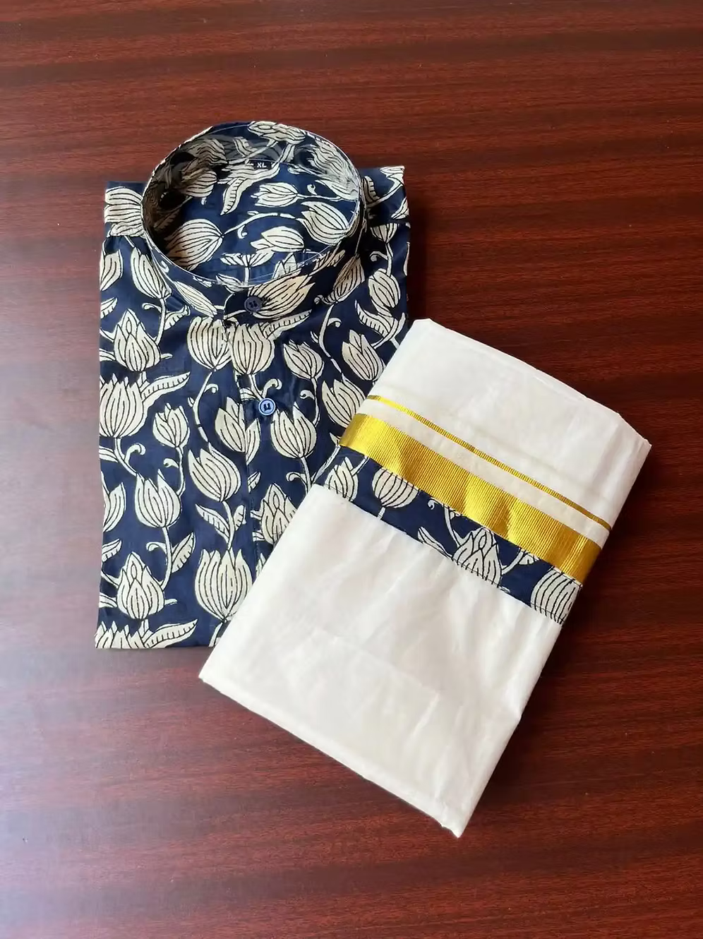 Midnight Blue Lotus Ajrak Kasavu Mundu and Shirt Combo Set