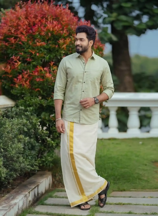 Sage Green Shirt and Kasavu Mundu Dhoti Combo Set