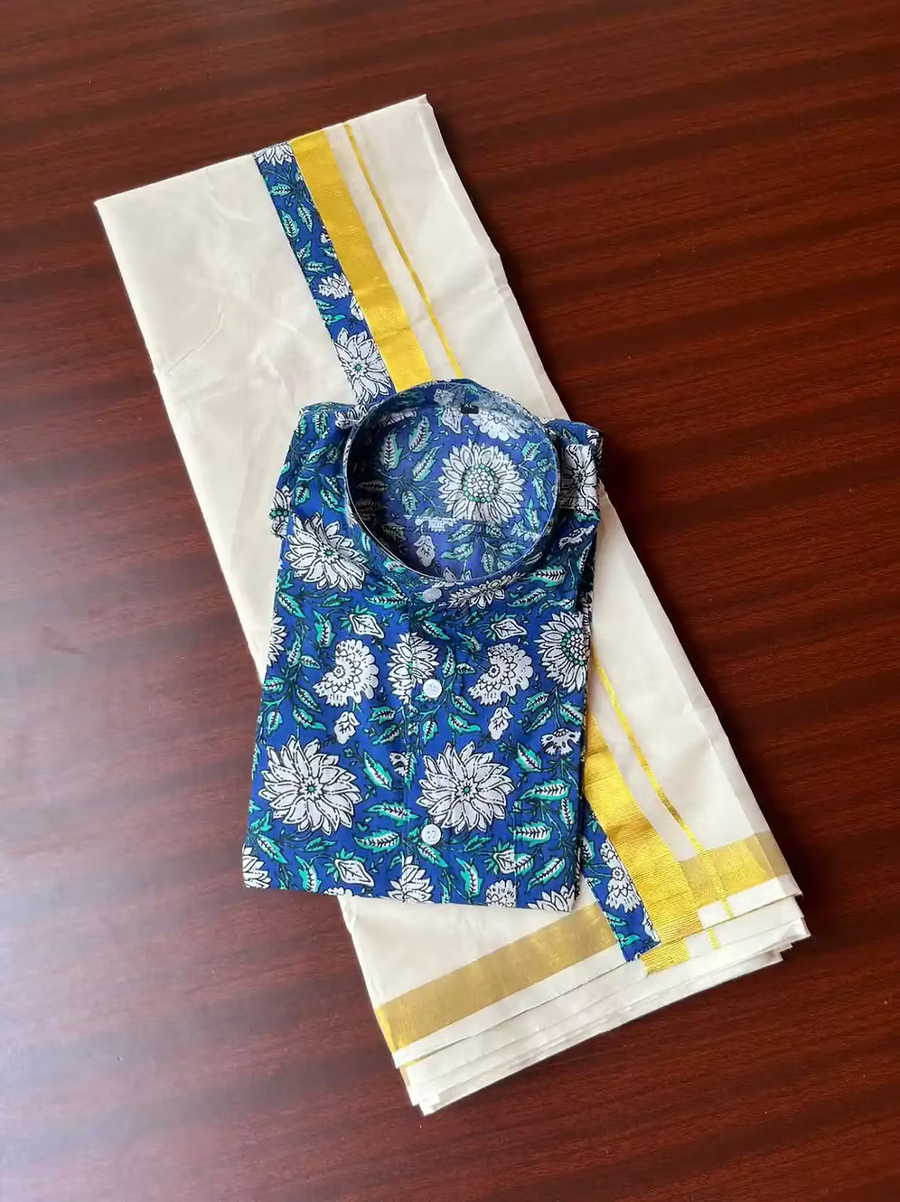 Dahlia Blue Ajrak Kasavu Mundu and Shirt Combo Set