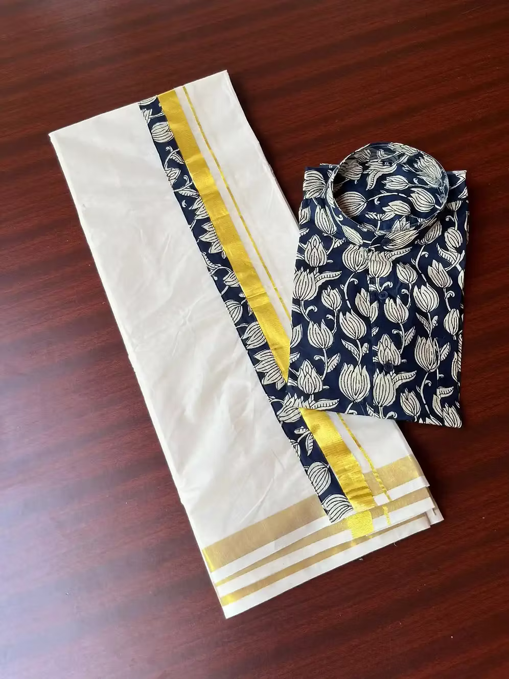 Midnight Blue Lotus Ajrak Kasavu Mundu and Shirt Combo Set