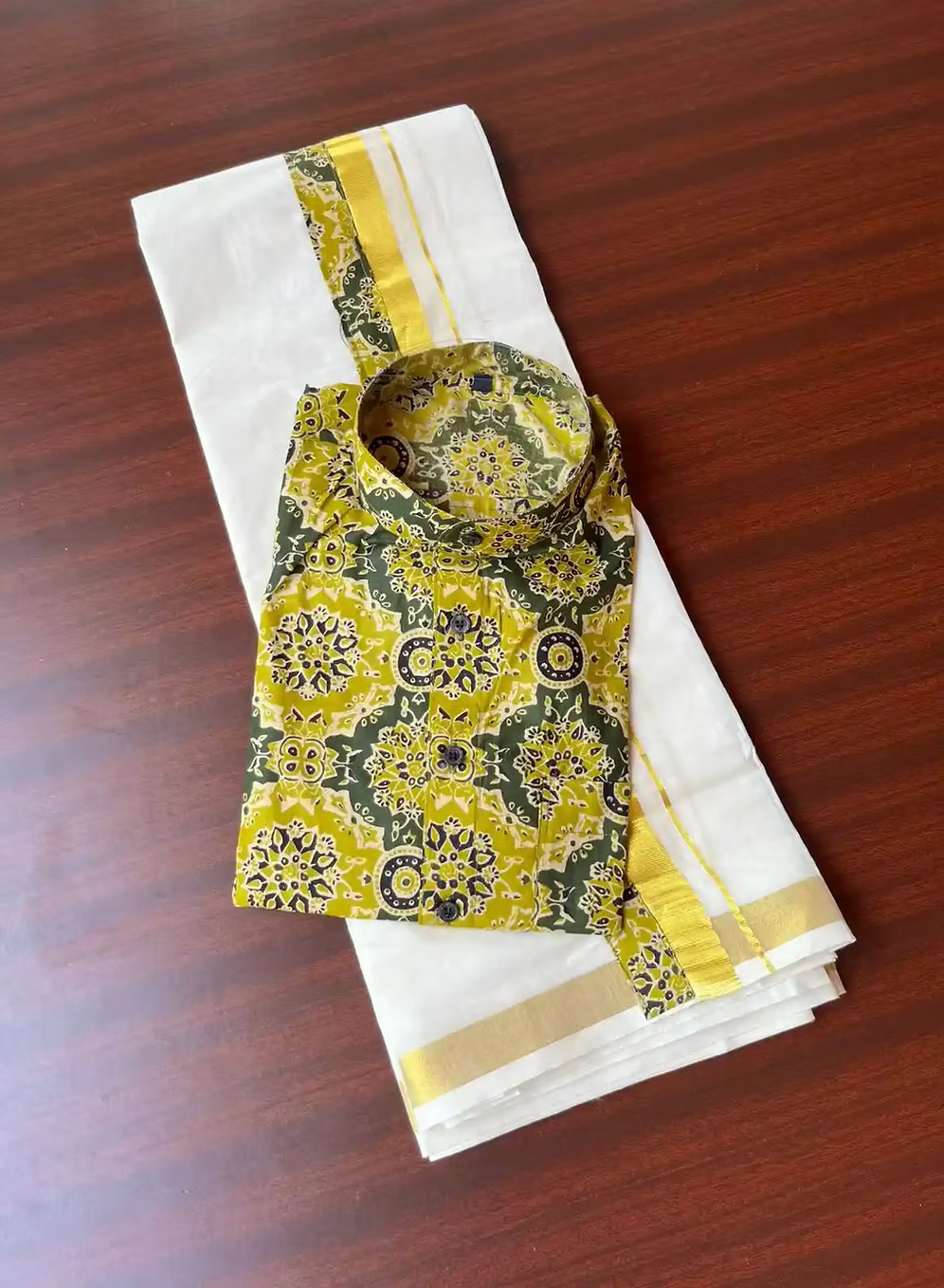Mango Yellow and Green Ajrak Kasavu Mundu and Shirt Combo Set main view