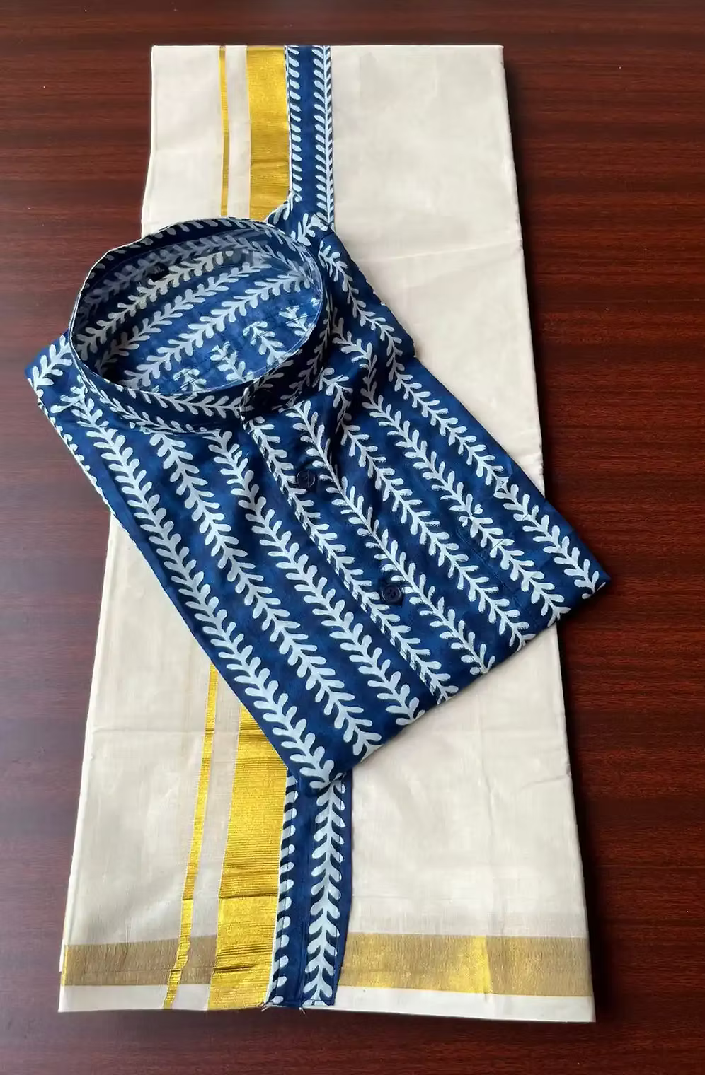 Creeper Blue Ajrak Golden Kasavu Mundu and Shirt Combo Set