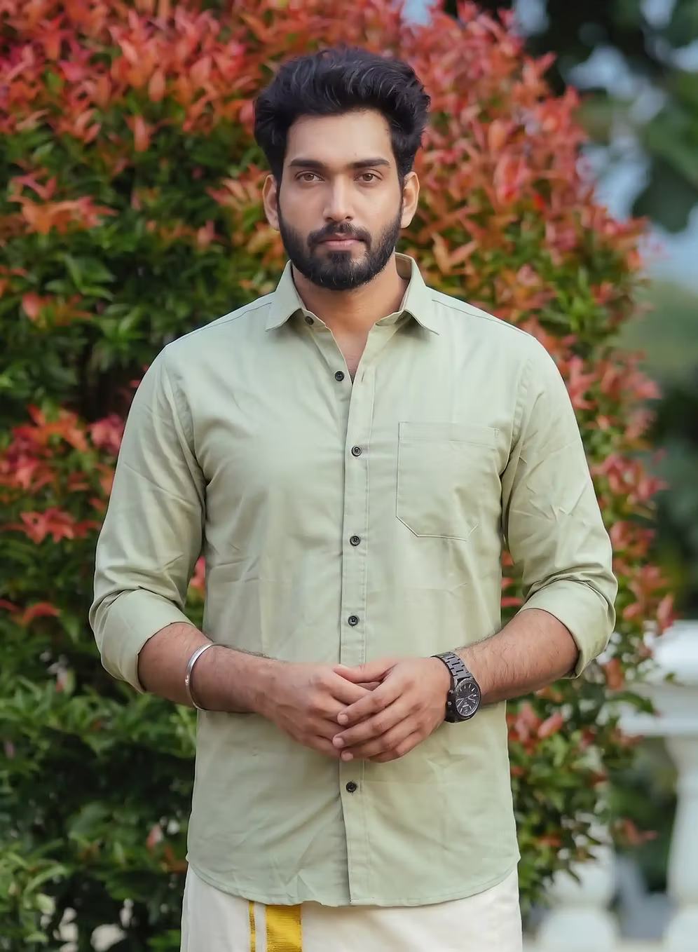 Sage Green Shirt and Kasavu Mundu Dhoti Combo Set
