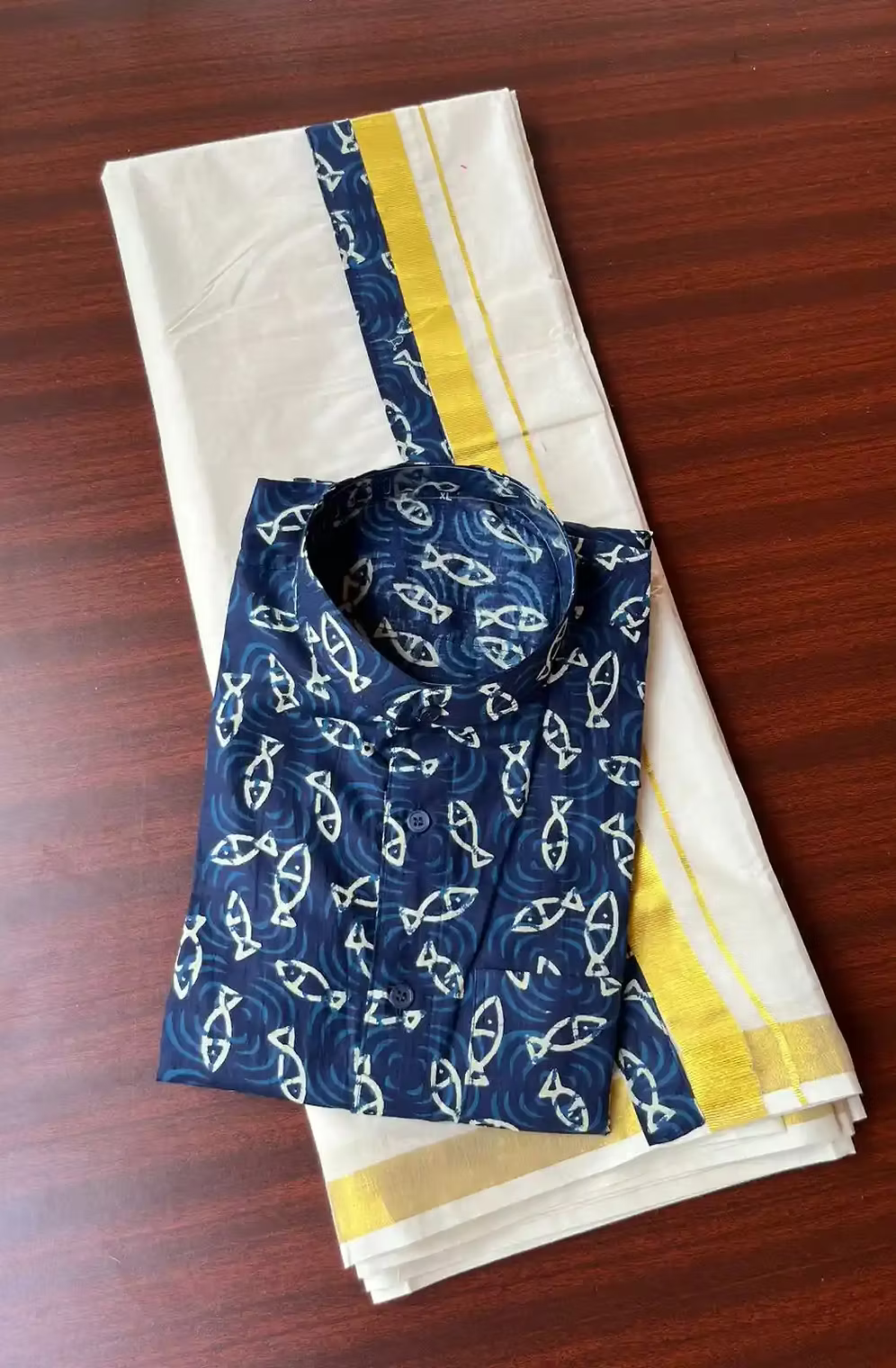 Blue Fish Ajrak Kasavu Mundu and Shirt Combo Set