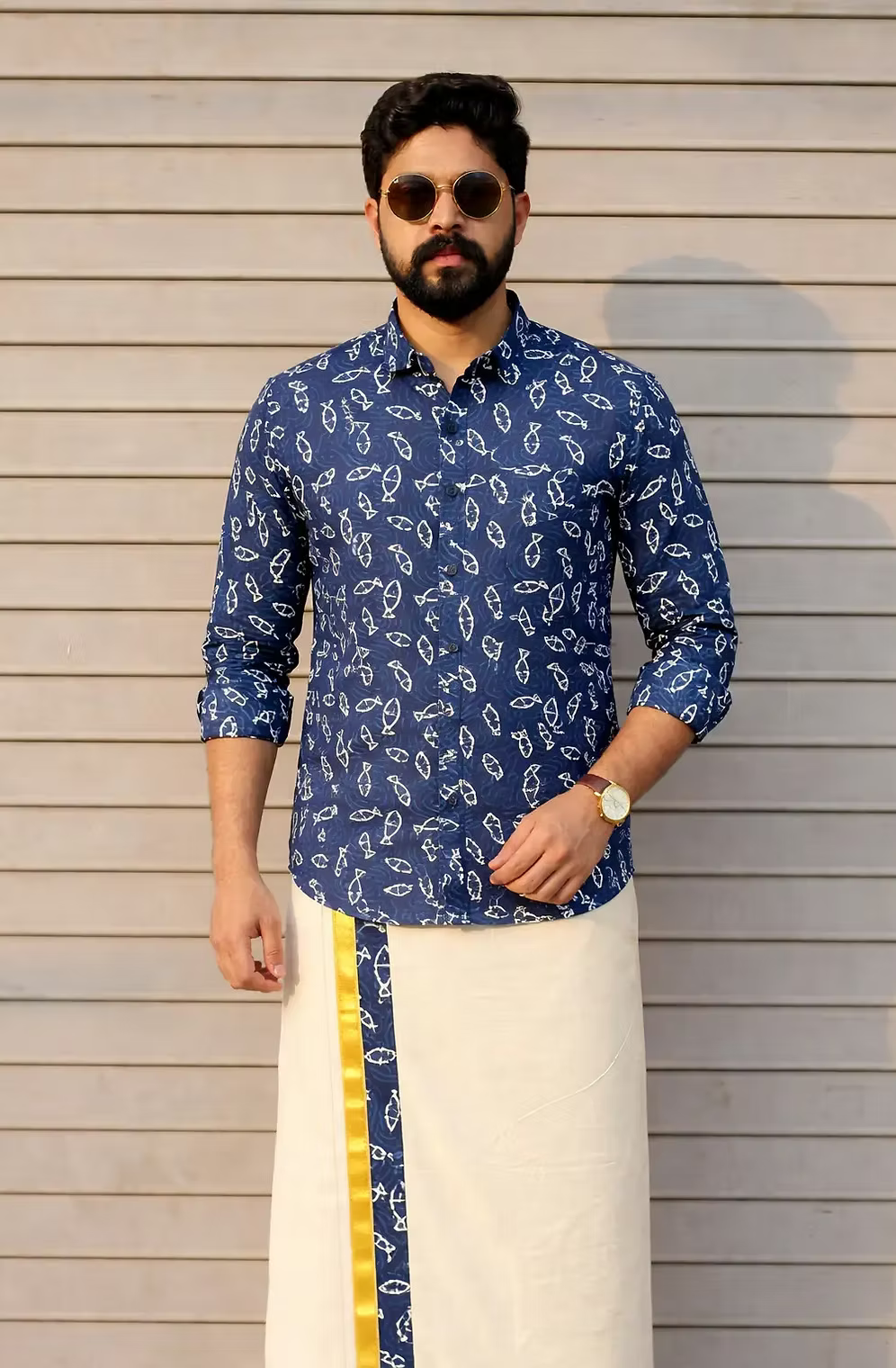 Blue Fish Ajrak Kasavu Mundu and Shirt Combo Set