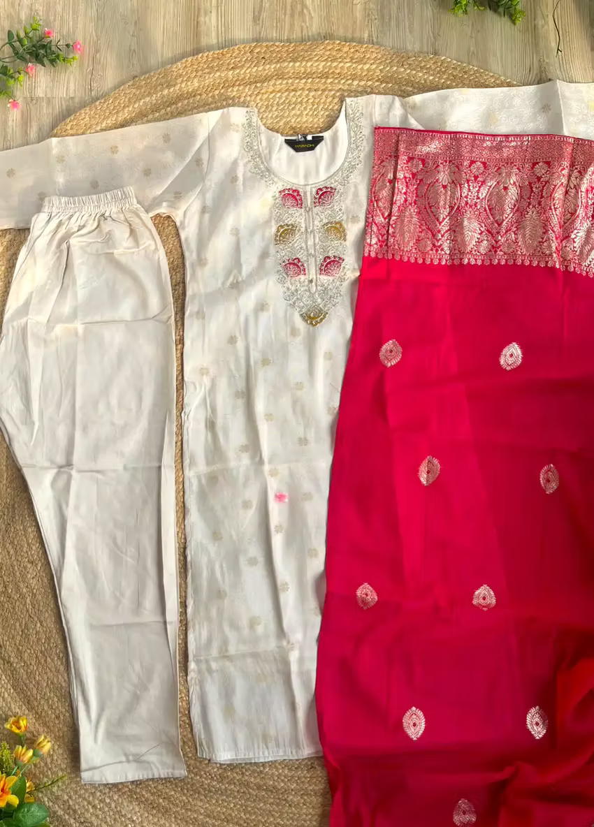 Golden Thread Work Kurta With Trouser & Dupatta