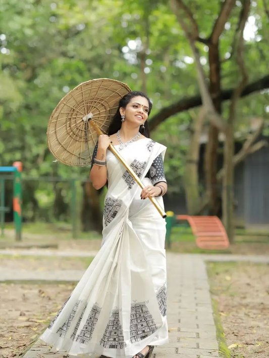 Kerala Gopuram Print Silver Kasavu Tissue Saree with Blouse Piece