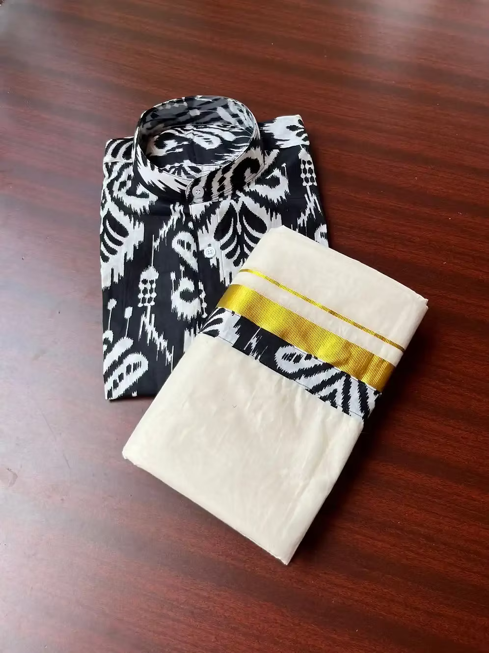 Black Ajrak Gold Kasavu Mundu and Shirt Combo Set closeup view
