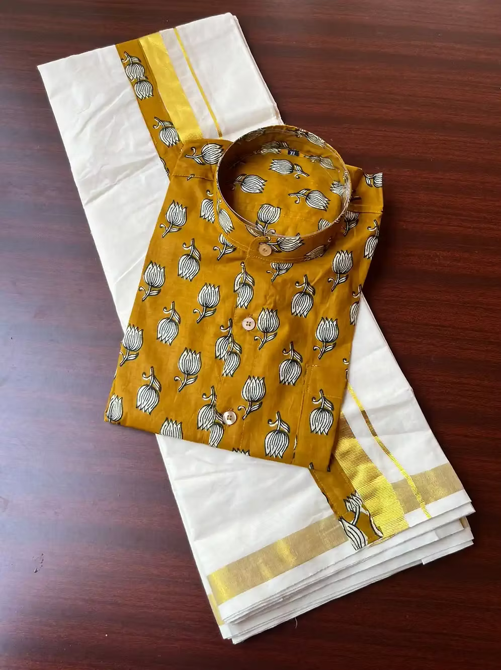 Lotus Mustard Ajrak Kasavu Mundu and Shirt Combo