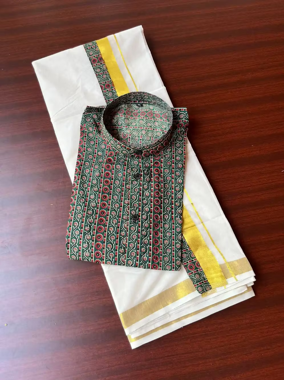 Creeper Ajrak Kasavu Mundu and Shirt Combo Set