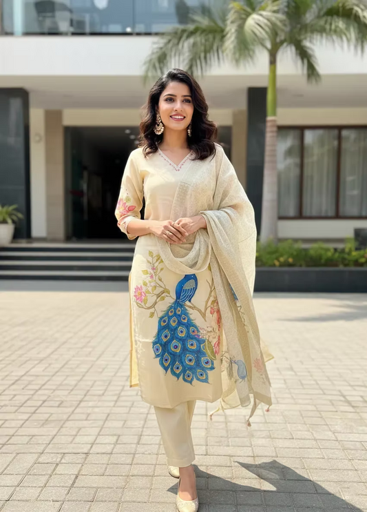 Peacock Beads Work Tissue Kurta Set with Dupatta & Pant