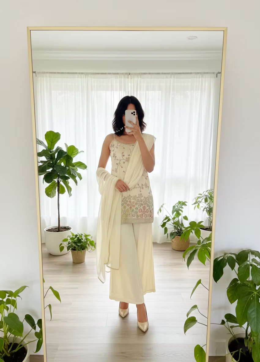 Golden Kasavu Hand Work 3 Piece Sleeveless Kurta Set with Palazzo Pant
