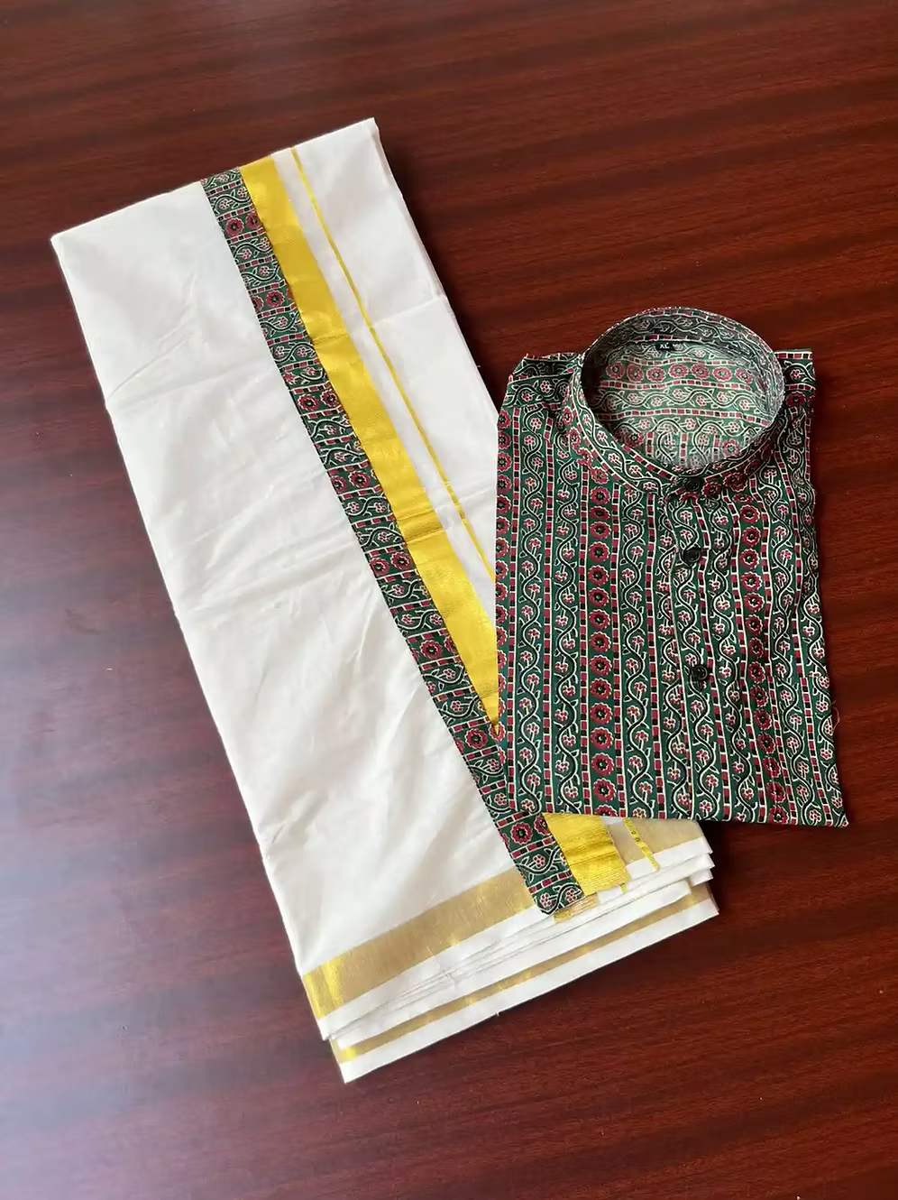 Creeper Ajrak Kasavu Mundu and Shirt Combo Set