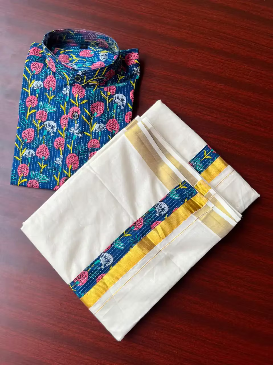 Mens Ajrakh Shirt with Mandarin Collar& Kasavu Double Mundu Dhoti