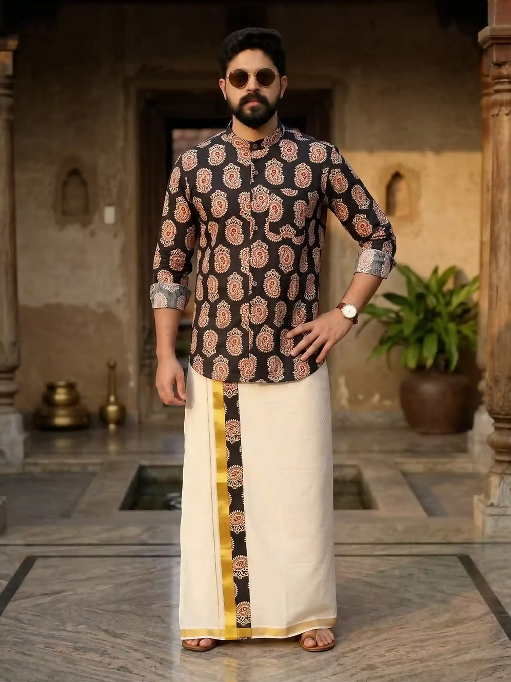 Black Mango Ajrakh Shirt and Kasavu Mundu Dhoti Combo Set