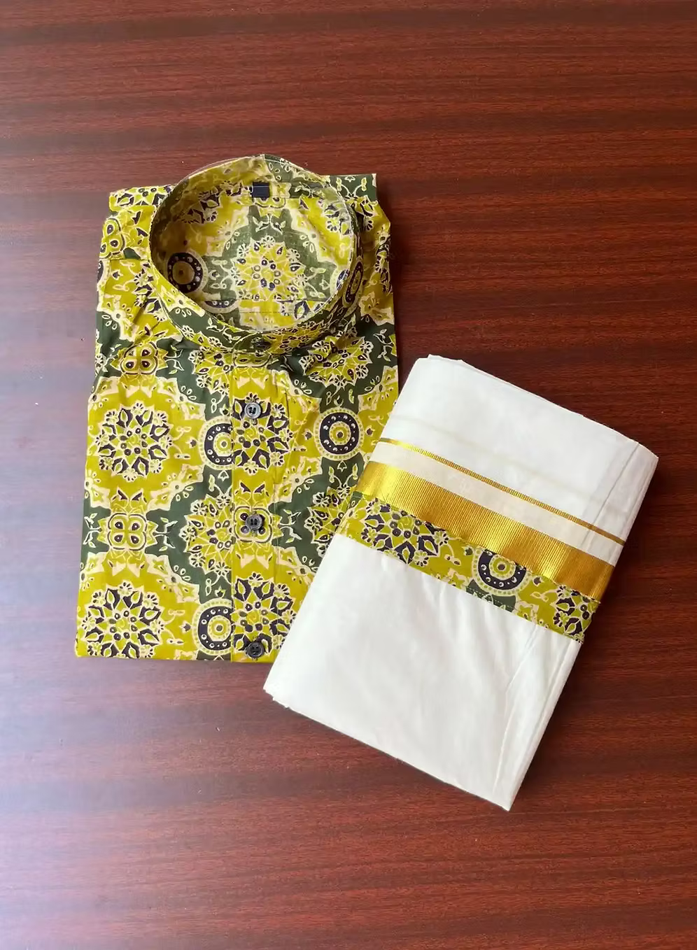 Mango Yellow and Green Ajrak Kasavu Mundu and Shirt Combo Set main view