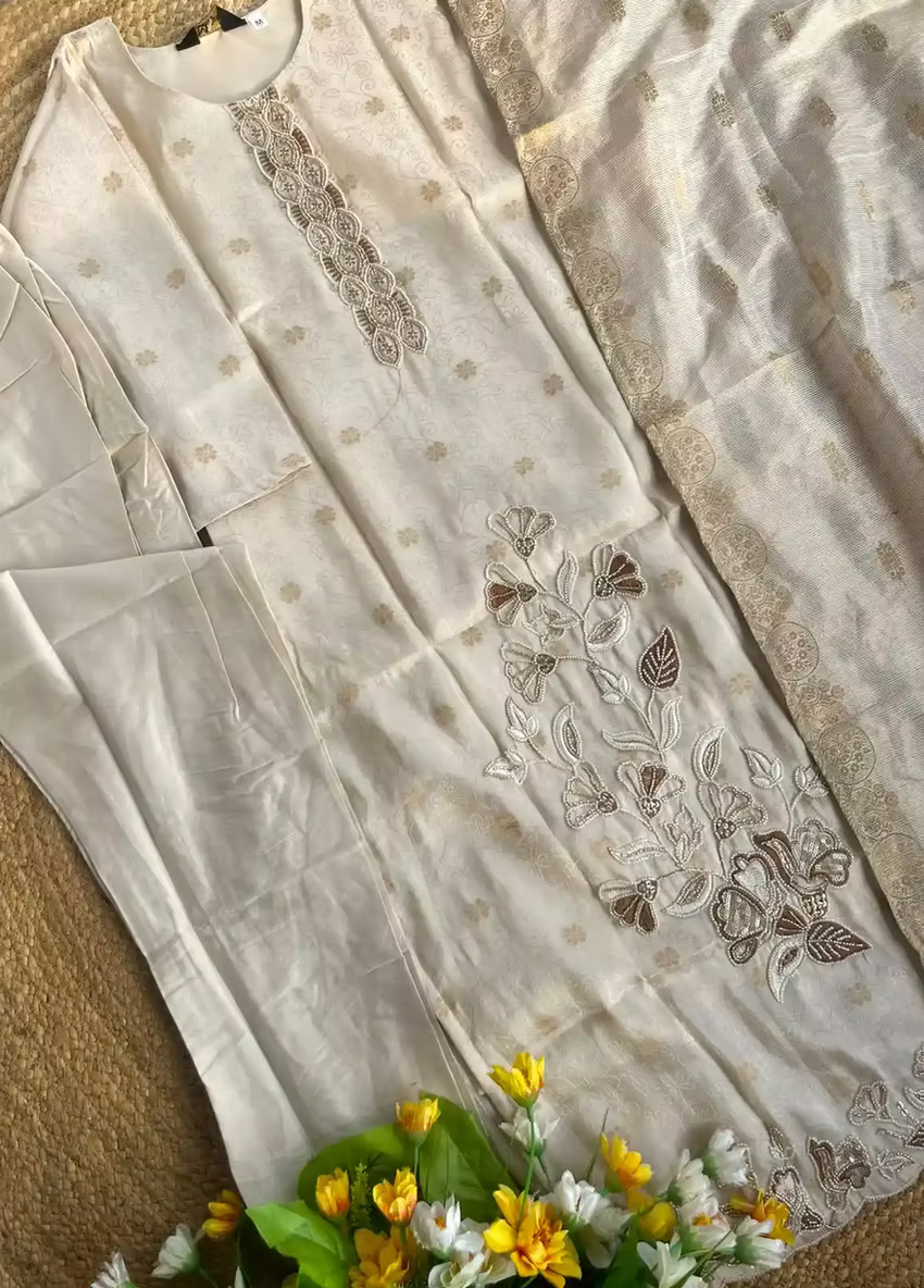 Kasavu Pearl Beads Embroidery Hand Work 3 Piece Kurta Set
