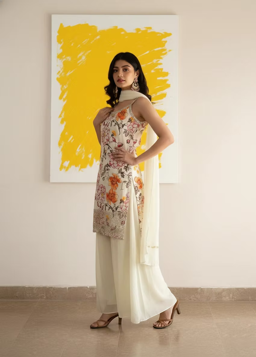 Floral Print Kasavu Kurta Set with Sequin Embroidery & Dupatta