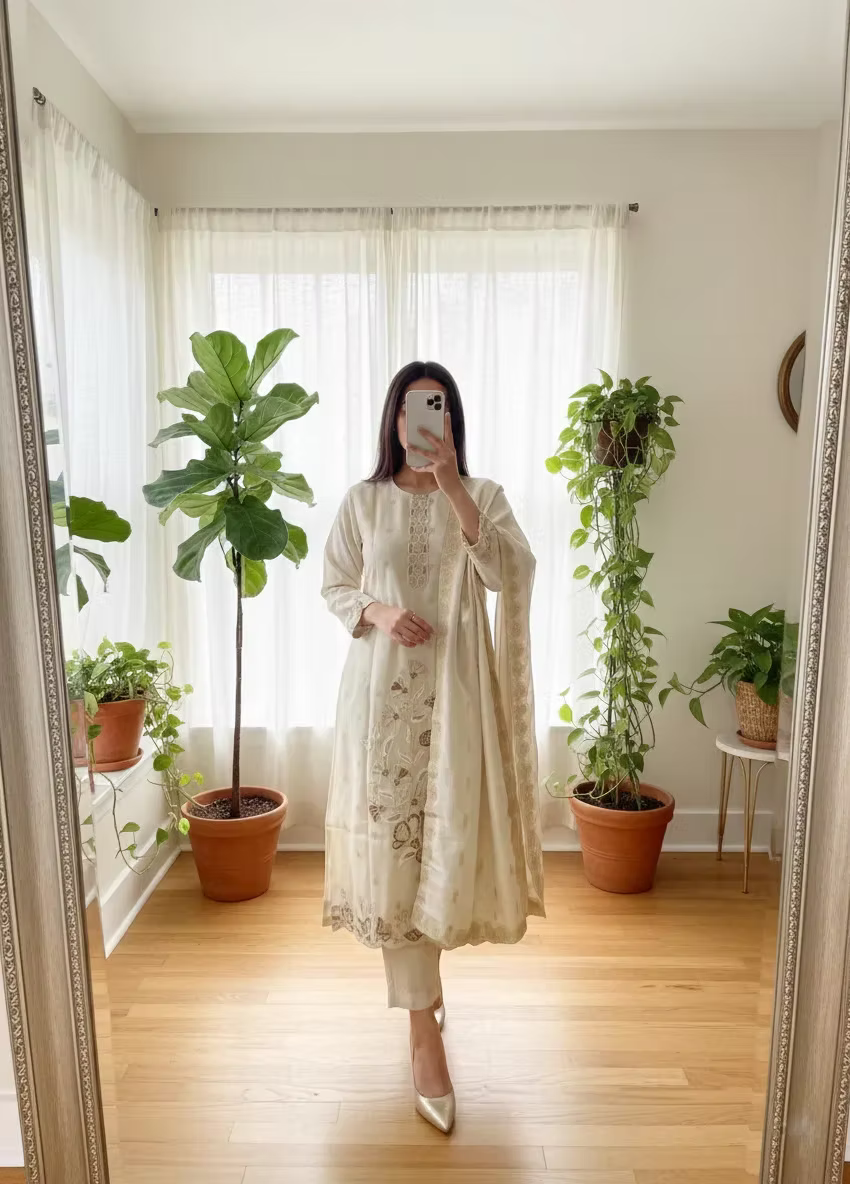 Kasavu Pearl Beads Embroidery Hand Work 3 Piece Kurta Set