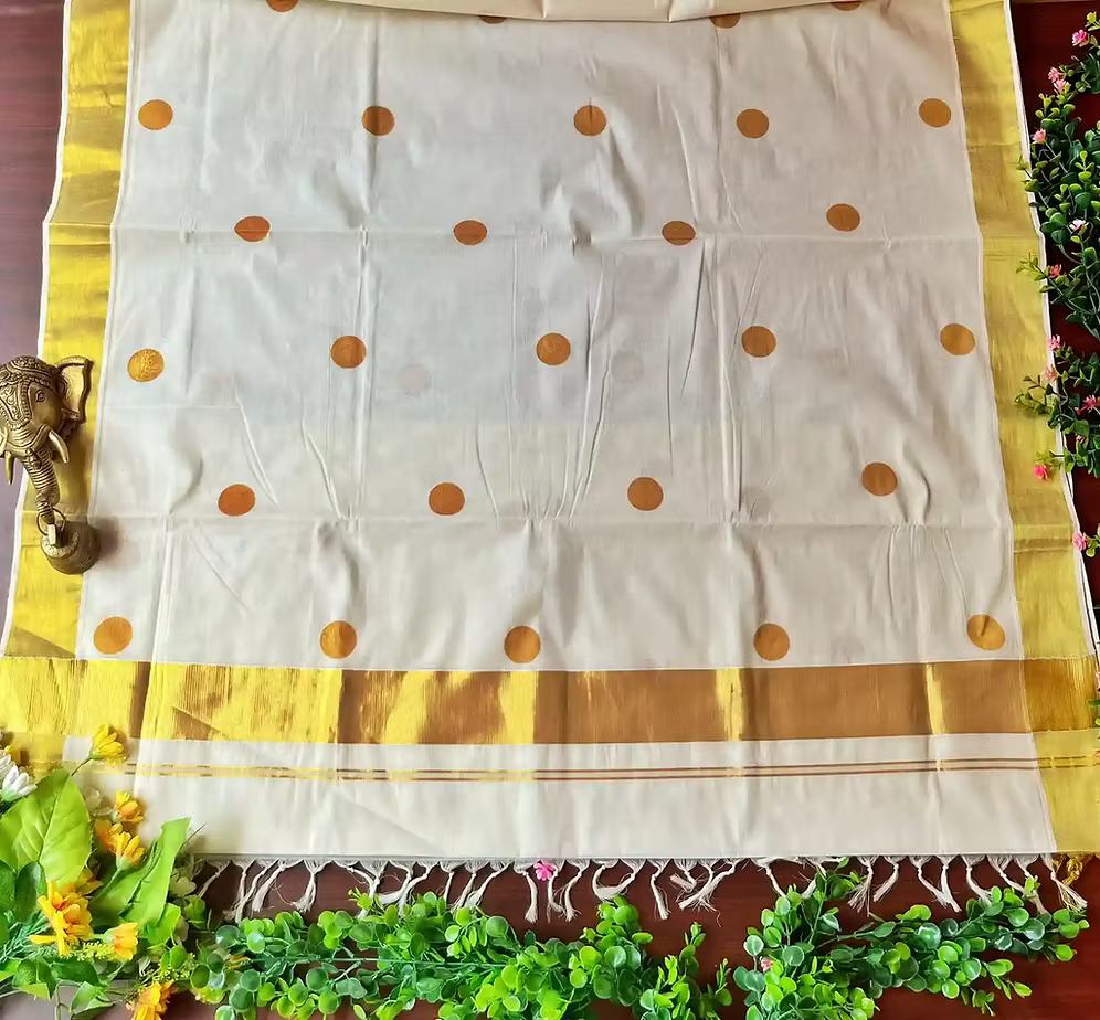 Premium Golden Polka Dot Zari Woven Tussel Kasavu Cotton Saree with Blouse