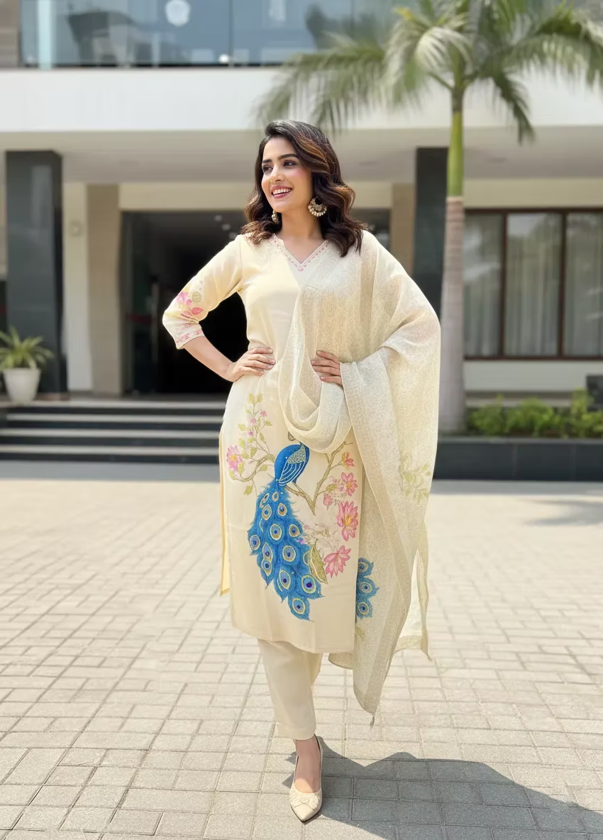 Peacock Beads Work Tissue Kurta Set with Dupatta & Pant