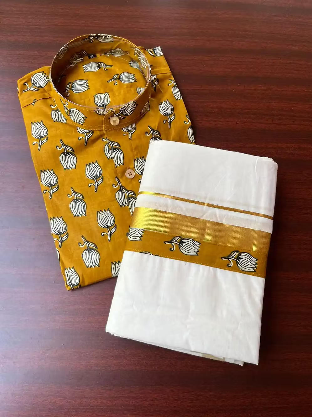 Lotus Mustard Ajrak Kasavu Mundu and Shirt Combo