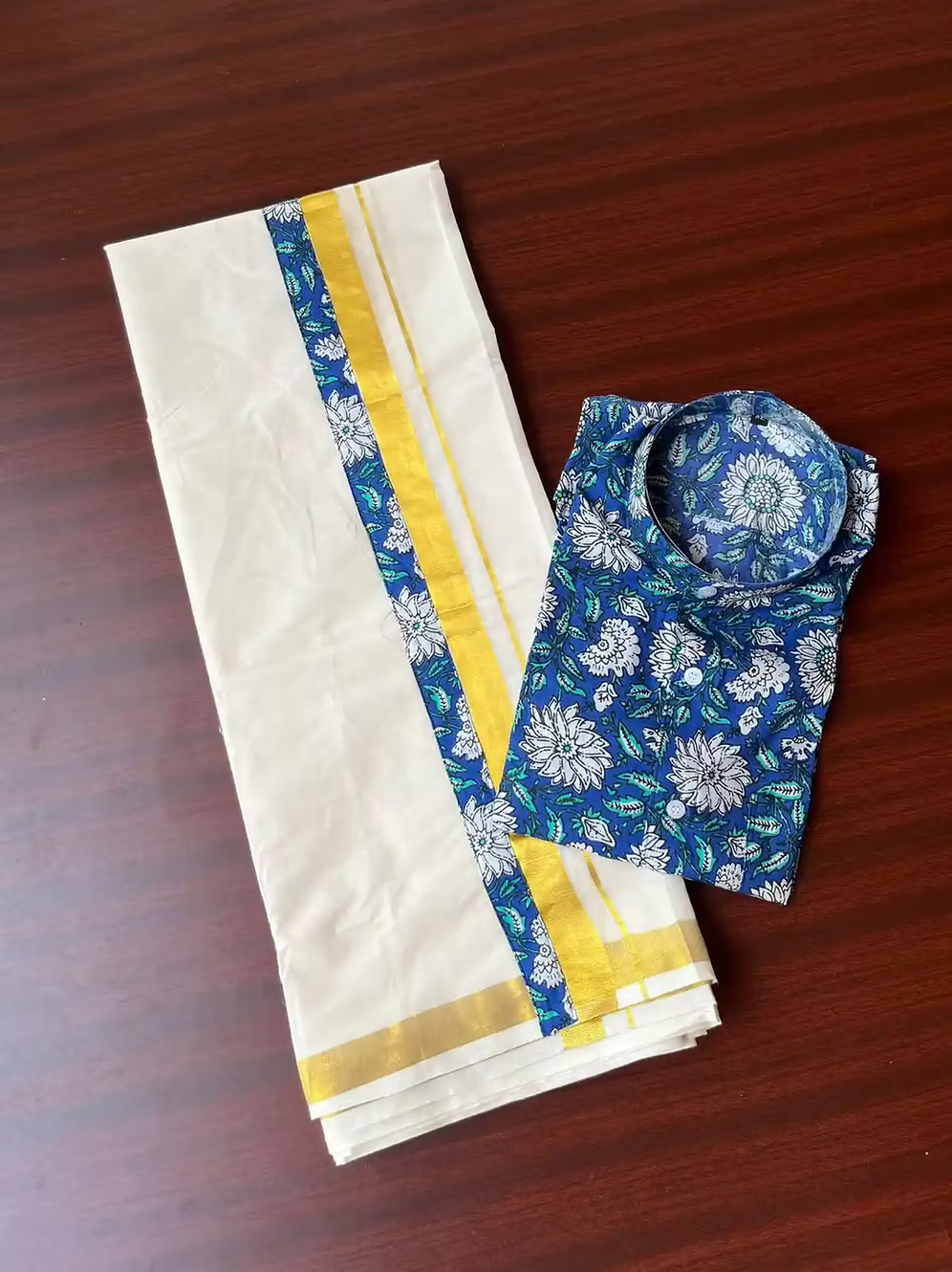Dahlia Blue Ajrak Kasavu Mundu and Shirt Combo Set