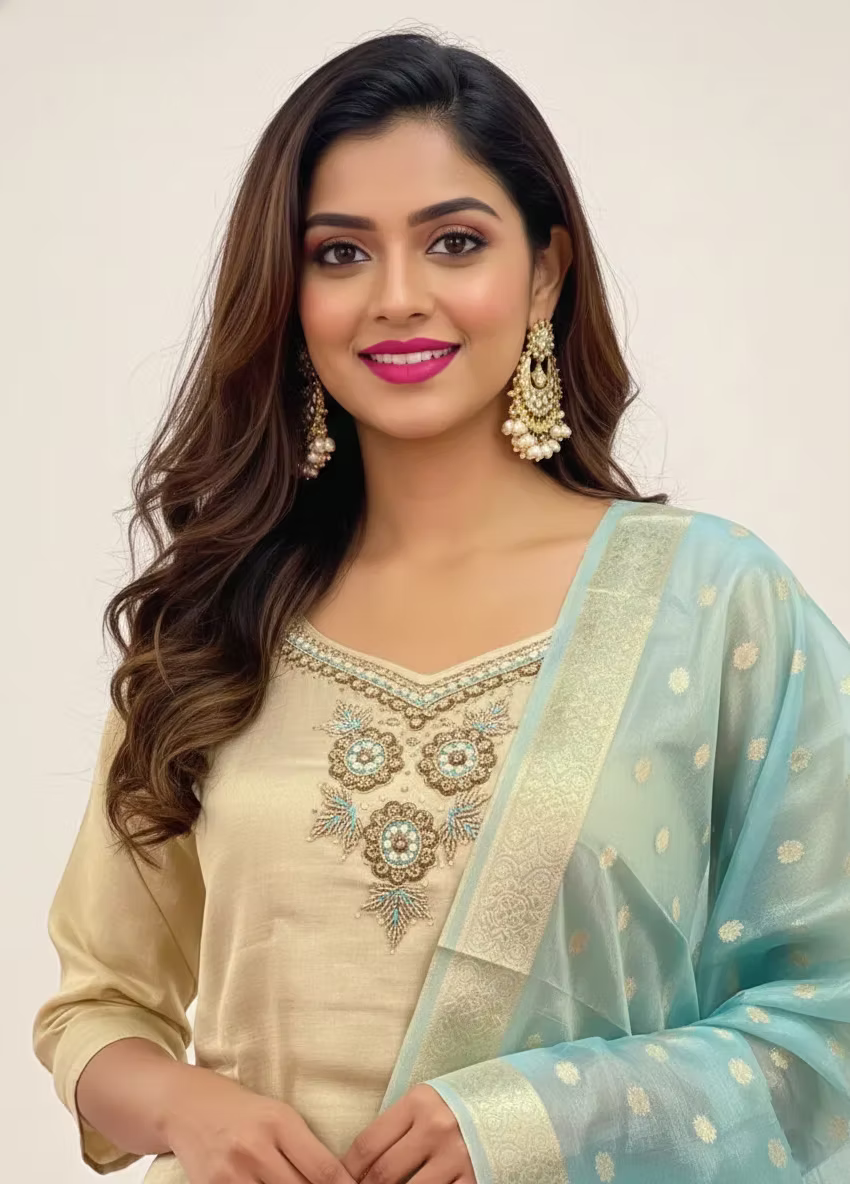 Beads Work Tissue Straight Kurta Set with Sky Blue Organza Dupatta &amp; Pants