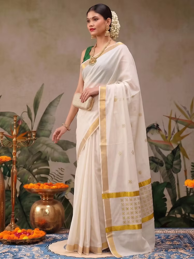 Golden Diamond Jaal Embroidery Cotton Kasavu Saree with Blouse