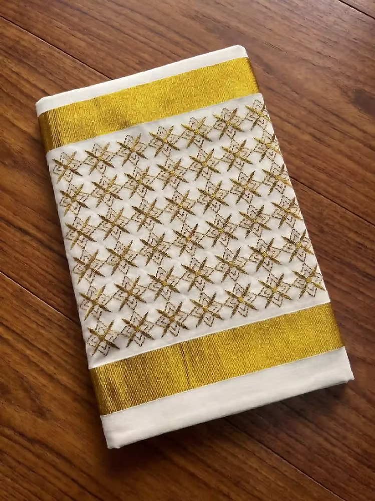 Golden Diamond Jaal Embroidery Cotton Kasavu Saree with Blouse